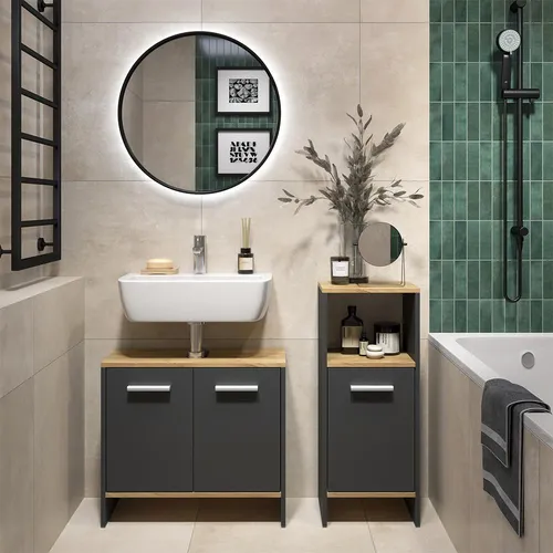 Vicco Badezimmermöbel-Set Karli, Anthrazit/Goldkraft Eiche, 2 Teile - Modernes Badezimmermöbel-Set mit Waschbeckenunterschrank und Midischrank. Bietet stilvollen Stauraum und eine durchdachte Aufteilung für Ihre Badutensilien. Pflegeleichte Materialien garantieren eine lange Lebensdauer.
