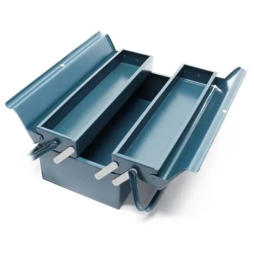Wiltec Werkzeugkiste 420x200x160mm - Robuste Werkzeugkiste aus Stahl mit 3 Fächern für geordnete Aufbewahrung. Ideal für Werkstatt und Hobby, chemikalien- und ölbeständig, mit praktischem Handgriff für einfachen Transport.