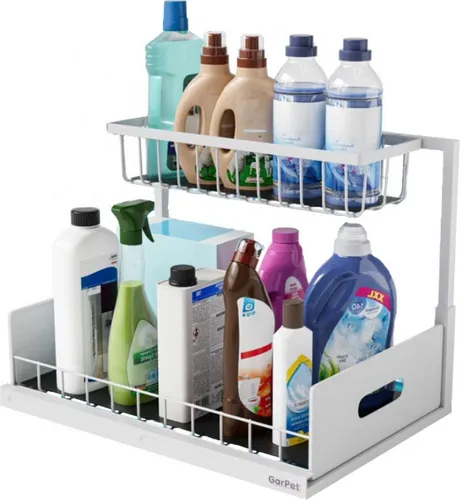 Spülschrank Organizer schmal ausziehbar Küche Metall 2 Etagen unter Waschbecken Regal Küchen Organizer Gewürzregale Organizer für Badezimmer weiß