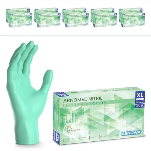 ARNOMED Einweghandschuhe Grün, 10x100 Stück, Nitril XL - DICKERE EINWEGHANDSCHUHE 1000 STK ✓ Die ARNOMED Nitrilhandschuhe bieten optimalen Schutz in verschiedenen Anwendungen. Ideal für Hygiene- und Reinigungsarbeiten – latexfrei und hautfreundlich!