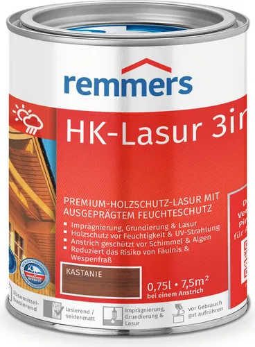 Remmers HK-Lasur kastanie, 0,75 Liter - Beizen – 3-in-1 Holzlasur für optimalen Schutz gegen Feuchtigkeit und UV-Strahlen, ideal für Zäune und Gartenhäuser. Spart Zeit und Geld durch Imprägnierung, Grundierung und Lasur in einem.