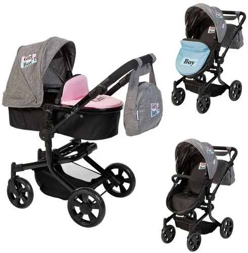 ELLA & PIET® Kombi-Puppenwagen MOOVE4 2in1 (Schwarz-Grau) - Kombi-Puppenwagen für Puppen bis 50 cm mit wechselbaren Winddecken für individuellen Spielspaß. Verstellbarer Schiebegriff und wendige, schwenkbare Vorderräder sorgen für Komfort und Flexibilität.