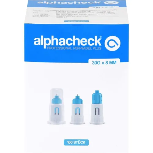 Alphacheck professional Pen-Nadel Plus 30 Gx8 mm - 100 Stück - Arzneimittel, hochpräzise Kanülen für eine schmerzfreie Insulinapplikation, ideal für Diabetiker.