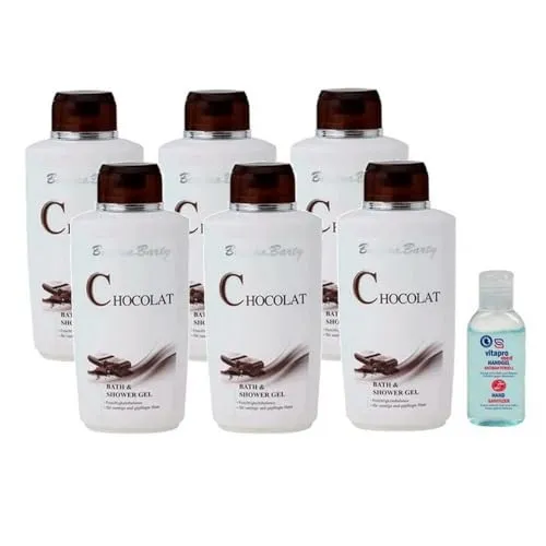 Bettina Barty Chocolat Bath- & Shower Gel 6x500 ml mit Gratis Vitapro Handgel - Duschgel mit luxuriösem Schokoladenduft, pflegt die Haut und sorgt für ein entspannendes Duscherlebnis.