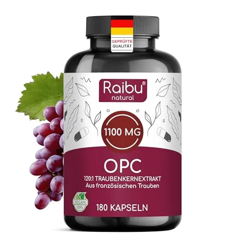 Hochdosierter OPC Traubenkernextrakt - 1100 mg pro Tag, vegan, laborgeprüft - Hochwertiger OPC aus französischen Trauben, 120:1 Extraktverhältnis für maximale Konzentration. 180 vegane Kapseln ohne Zusatzstoffe, ideal für die tägliche Ergänzung.