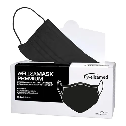 Wellsamed Wellsamask 50 Stück medizinischer Mundschutz Type IIR mit Gummizug, einfarbig Schwarz