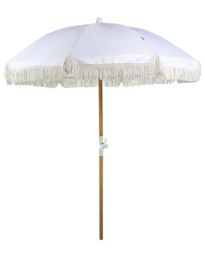 Beliani Sonnenschirm mit Volant Regenschutz Holzmast weiß rund ⌀ 150 cm - Sonnenschirm in Boho-Design mit Kippgelenk und Schutzhülle, aus UV-beständigem Polyester und robustem Buchenholz. Ideal für Garten und Terrasse, bietet optimalen Schutz gegen Sonne und Wind.