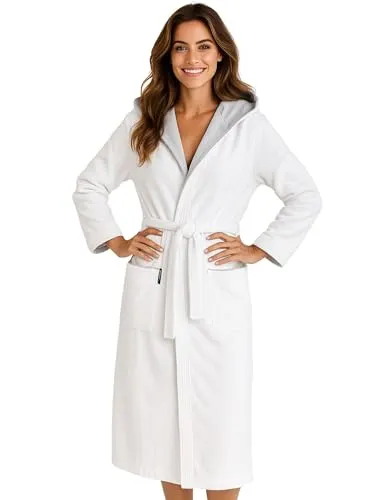 Morgenstern Bademantel Damen mit Kapuze 100% Baumwolle Frottee OEKO-TEX® Morgenmantel Leonie Weiß Größe M
