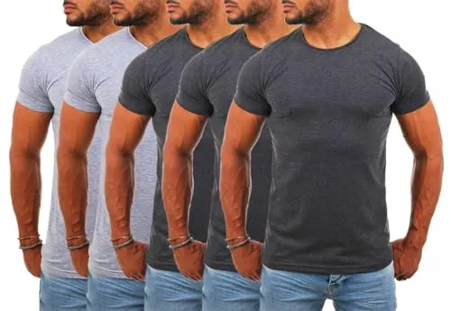Young & Rich Herren Basic T-Shirt Rundhals Slimfit - 5er Pack in Dunkelgrau Melange & Grau Melange - Trendiges Basic T-Shirt mit körperbetonter Slimfit-Passform. Angenehm zu tragen dank hochwertiger Baumwoll-Mischung und Stretchanteilen. Ideal als Unterziehshirt für jeden Anlass.