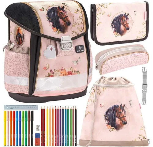 Belmil Schulranzen Set Classy Horse Chestnut 5-teilig – für Mädchen - Praktisches 5-teiliges Schulranzen Set von Belmil im eleganten Design mit einzigartigen Stickereien und Glitzerdetails. Ergonomisch geformt für optimalen Tragekomfort in der Grundschule.