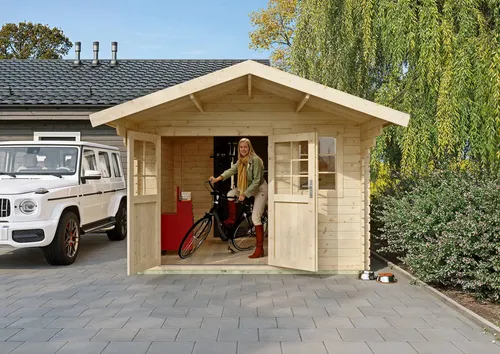 Gartenhaus KONIFERA "Kallenberg 2", beige - Gartenhaus aus naturbelassenem Fichtenholz mit Satteldach und Doppelflügeltür, ideal als Stauraum oder Rückzugsort im Garten.