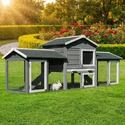 MyAnimal Hasenstall MH-03 - Zweistöckiger Kaninchenstall mit Freilauf - Kleintier-Ställe - Geräumiger, wetterfester Hasenstall mit 226 x 53 x 85 cm, ideal für mehrere Kaninchen und einfache Reinigung durch ausziehbare Schublade.