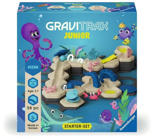 Ravensburger GraviTrax Junior Starter-Set S Ocean - Kugelbahn-Bausatz für Kinder ab 3 Jahren, fördert Kreativität und logisches Denken, Made in Europe, enthält 20 Höhensteine und 3D-Dekoelemente für abwechslungsreichen Spielspaß.