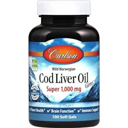 CARLSON LABS Wild Norwegian Cod Liver Oil 1000mg - Nahrungsergänzungsmittel für Unisex, glutenfrei und reich an Omega-3, unterstützt Gehirn, Herz-Kreislauf und Immunsystem.