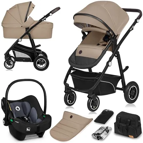 lionelo Kombi-Kinderwagen BIANKA 3 IN 1, Beige Sand - 3-in-1 Kinderwagen-Set mit aufblasbaren Rädern, 5-Punkt-Sicherheitsgurten und waschbarem Bezug, ideal für Familien mit kleinen Kindern.