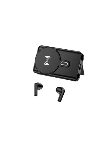 DENVER Powerbank + Bluetooth Earbuds - Schwarz 5000 mAh - Bleibe unterwegs immer energiegeladen! Die kompakte Powerbank mit 5000 mAh und vielseitigen Lademöglichkeiten, inklusive magnetischem Wireless-Ladegerät. True-Wireless-Ohrhörer für bis zu 4 Stunden Unterhaltung. Ideal für Apple-Geräte!
