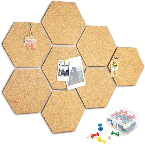 Kork Pinnwand Sechseckig, 8 Stück, DIY Wanddekoration, inklusive 50 Pushpins