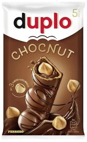 duplo Chocnut – Schokoriegel mit ganzen Haselnüssen - Schokoladenriegel mit 3 ganzen Haselnüssen, knuspriger Waffel und feiner Haselnusscreme – ideal zum Teilen und Genießen, 5 einzeln verpackte Riegel für ein besonderes Snackmoment.