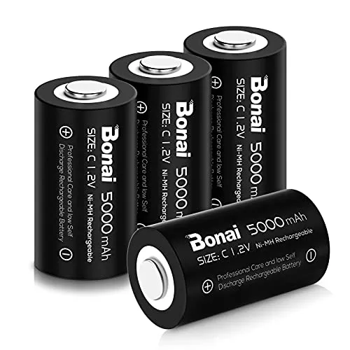 BONAI 4er Pack C Akku 5000mAh – Hohe Kapazität 1,2V NI-MH Baby Batterien wiederaufladbar, geringe Selbstentladung für LED-Taschenlampen, Spielzeug und Radio