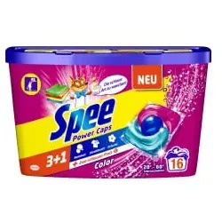 Spee Power Caps Color 3+1 Colorwaschmittel 16 Waschladungen - Waschmittel für bunte Kleidung, vereint 3 Vorteile in einem Cap für strahlend reine Wäsche und einfache Anwendung bei 20-95°C.