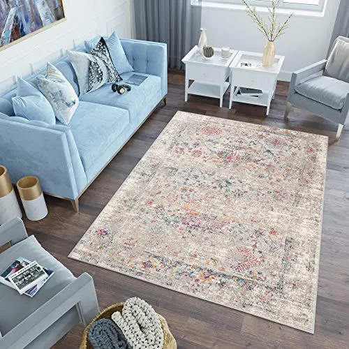 TAPISO Lazur Teppich Kurzflor Grau Rosa Blau 80 x 150 cm - Moderner Kurzflorteppich mit lebendigen Farben, ideal für Wohnzimmer oder Schlafzimmer. Pflegeleicht und strapazierfähig, schafft eine angenehme Atmosphäre und setzt stilvolle Akzente.