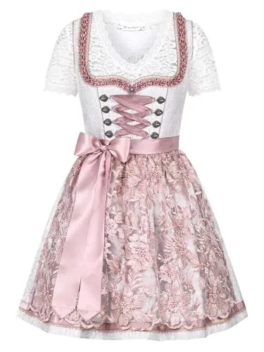 Steigenhöfer Manufaktur Dirndl Damen Set - Vicky - Elegantes Midi Dirndl mit Miederhaken - Trachtenmode: Stilvolles Midi Dirndl in Grau/Rosa mit funkelnden Steinen und Perlen, ideal für festliche Anlässe.