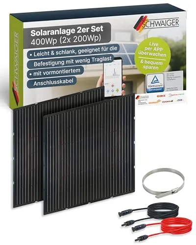 SCHWAIGER SOPA5400 Glas-Solarmodul 2er Set 400Wp - Schlankes Solarpanel für Balkonkraftwerke - Solarmodule für Balkone, leicht und schlank mit hitzefestem Glas, ideal für hohe Stockwerke und filigrane Geländer. Inklusive vormontierten Anschlusskabeln und Zubehör.