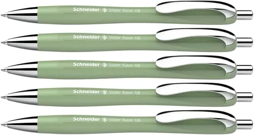 Schneider Slider Rave XB Kugelschreiber (Weiches Schreiben ohne Kratzen für lange Texte in Schule, Uni und Beruf) 5 Stück, Naturgrün, Tinte: Blau