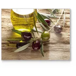 DEQORI Schneidebrett 'Olivenzweig und Öl', Glas, Platte Frühstücksbrett Schneideplatte braun|grün 40 cm x 30 cm
