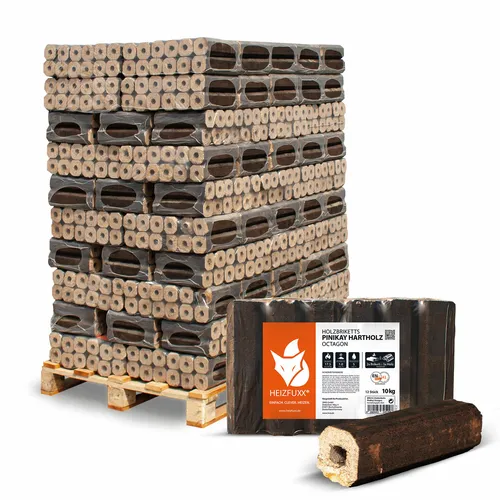 Hartholzbrikett Pinikay 10kg x 96 - Umweltfreundliches Brennholz - Brennstoffe: 960 kg Palette Hartholzbriketts, schnellanzündend und umweltschonend, ideal für Kamin und Ofen. Heizwert ≥17,50Mj/kg.
