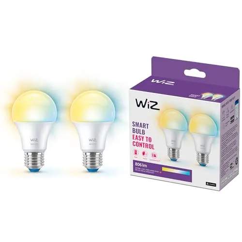 WiZ Smart LED A60 Bulb, Warm to Cool White, E27-Sockel, 60W, 806 Lumen, dimmbar, funktioniert mit Alexa, Google Assistant, und Apple HomeKit, 2er Pack