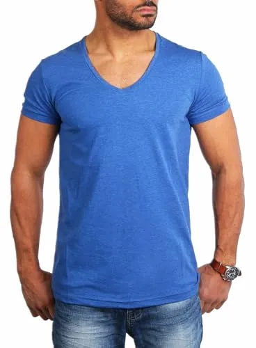 Young & Rich Herren Uni T-Shirt Basic mit extra tiefem V-Ausschnitt Slimfit deep V-Neck Stretch dehnbar 1315, Grösse:L, Farbe:blau-Melange