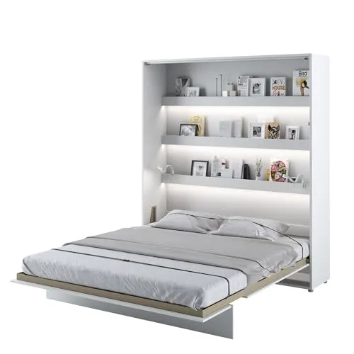 MEBLINI Schrankbett Bed Concept - Platzsparendes Wandbett mit Lattenrost in Weiß Hochglanz - Betten: Innovatives vertikales Schrankbett mit halbautomatischem Mechanismus für müheloses Öffnen und Schließen, ideal für kleine Räume.