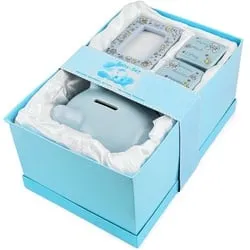 BRUBAKER Spardose Baby Geschenkset 'Mein erstes Sparschwein' - Spardosen Set mit Bilderrahmen und Döschen für erste Erinnerungen, ideal als Geschenk zur Geburt oder Taufe, Farbe: Blau.