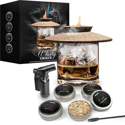MikaMax Whiskey Smoker Set - Cocktail Smoker für geräucherten Whiskey, 4 Aromen Räucherchips und Jet-Feuerzeug, perfektes Vatertagsgeschenk und cooles Party-Accessoire