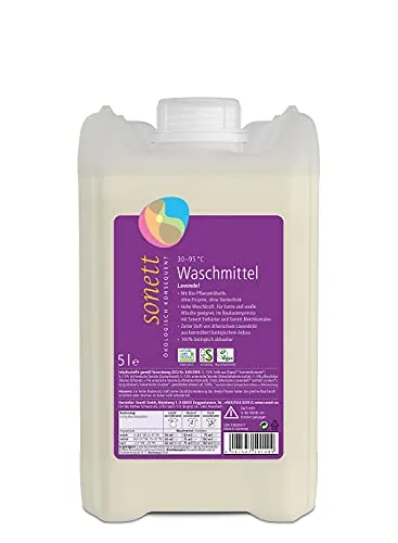 Sonett Flüssigwaschmittel Lavendel 5L – Umweltfreundliche Waschlösung - Effektives Flüssigwaschmittel im Baukastensystem. Ideal für bunte und weiße Wäsche. Mit zartem Lavendelduft und 100% biologisch abbaubar. Hohe Waschkraft bei umweltbewusster Anwendung.
