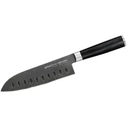 Samura Kochmesser Mo-V Santoku 18 cm mit Kullen - Kochmesser der Samura Mo-V Serie, 18 cm Klinge aus hochwertigem AUS-8-Stahl, ergonomischer G10-Griff für optimalen Halt und maximale Hygiene durch verschmolzenen Kropf.