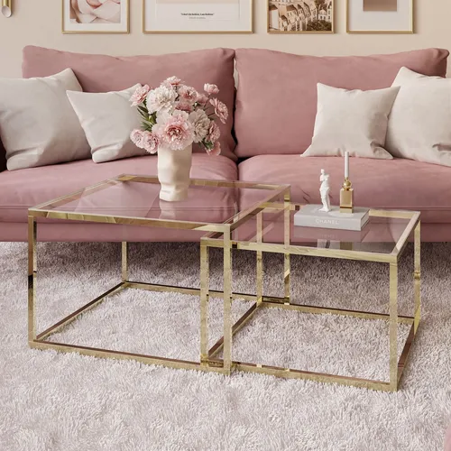 Lookway Couchtisch YOSHI GLASS 2in1 mit Goldenem Chromgestell (2er-Set) - Couchtische – Stilvolles 2-in-1 Set mit luxuriösem goldenen Chromgestell und anpassbarer Größe für kreative Raumgestaltung.
