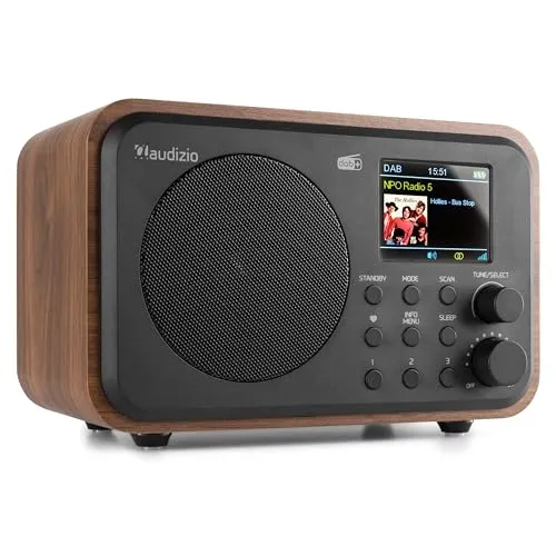Audizio Milan DAB Radio mit Bluetooth, 10 Stunden Akku Radio 2000 mAh, Radiowecker mit Sleeptimer, Line-Out, UKW, Autosuche, 40 Speicherplätze, Mobiles Digital Radio DAB Plus, Küchenradio, Holz Braun