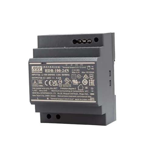 Mean Well HDR-100-24N Hutschienen-Netzteil 24V DC 4.2A - Leistungsstarkes Hutschienen-Netzteil mit 100,8 W, ideal für Gebäudeautomation. Geschützt gegen Kurzschluss und Überlast, bietet es zuverlässige Energieversorgung für industrielle Anwendungen.
