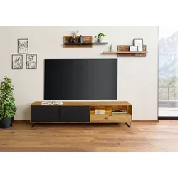 Massivmoebel24 Lowboard LINDAU - Wildeiche mit Glastür 220x43x51 - TV-Halterungen, nachhaltiges Massivholz-Design, das durch individuelle Maserung und einzigartige Struktur besticht. Ideal für ein stilvolles Wohnzimmer!