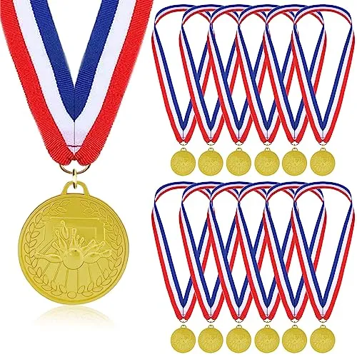 Donrime Bowling Medaillen - 12 Stück Bowling Mitgebsel Goldene Metallmedaille mit Dreifarbigem Nylonband, Bowling Party Gefälligkeiten für Erwachsene