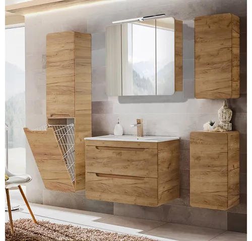 Lomadox Badezimmermöbel Set Eiche - Komplettprogramm für Badezimmer mit modernem Design, inklusive Keramik-Waschtisch, LED-Spiegelschrank und großzügigem Stauraum durch Hochschrank mit Wäschekorb.
