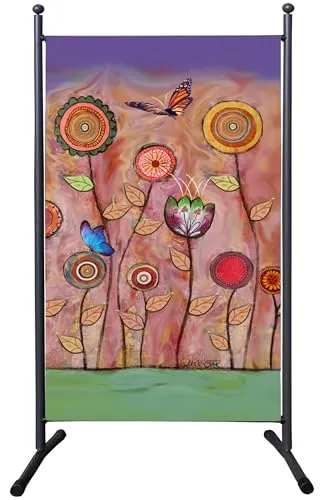 Quick Star Paravent 1tlg. 180x180cm RETRO Flowers - Mobiler Sichtschutz - Paravent für Innen- und Außenbereich, leicht und mobil. Ideal für Kindergärten, Arztpraxen und Fitness-Studios. Mit mattschwarzem Stahlgestell und beidseitigem Druckmotiv.