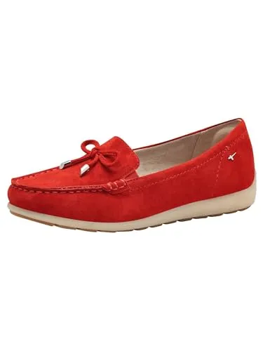 Tamaris Comfort Damen Mokassins aus Leder mit Schleife, Rot (Red Suede) - Slipper & Mokassins für Damen mit Fitting Pad für individuelle Anpassung und flexibler Sohle für außergewöhnlichen Komfort und Bewegungsfreiheit den ganzen Tag.