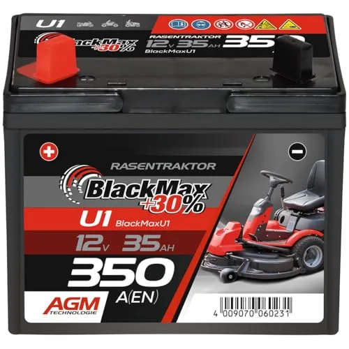 BlackMax Rasentraktor Batterie 12V 35Ah - Wartungsfreie Starterbatterie mit +30% mehr Leistung - Batterien für Rasenmäher - Extrem leistungsstark und zuverlässig, ideal für Rasentraktoren und Aufsitzmäher, dank Calcium-Longlife-Technologie und hoher Kaltstartleistung.