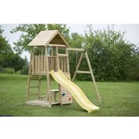 Wendi Toys Spielturm Pelikan, Gelb, Braun - Spielplatz für Zuhause: Hochwertiger Spielturm aus FSC®-zertifiziertem Kiefernholz mit Kletterwand, Rutsche und Schaukel – ideal für Kinder ab 4 Jahren und garantiert sicher dank EN71-Zertifizierung.