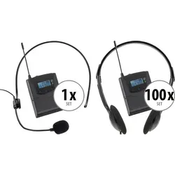 Pronomic Silent Guide V2 Konferenz Set - Professionelles Set mit 100 Empfängern und 3 Sendern für Tagungen und Konferenzen. Tragbarer Sender mit 50 m Reichweite und 24 Stunden Akkulaufzeit sorgt für optimale Kommunikation.