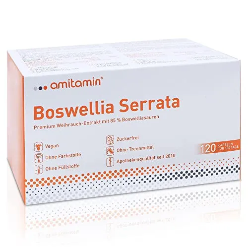 amitamin Boswellia Serrata Weihrauch - 100% Indischer Premium Extrakt - Veganer Boswellia Serrata Extrakt mit 85% Boswellia Säuren, hochdosiert und apothekenqualitativ. Ideal zur Unterstützung der Gelenkgesundheit, reicht für 4 Monate!
