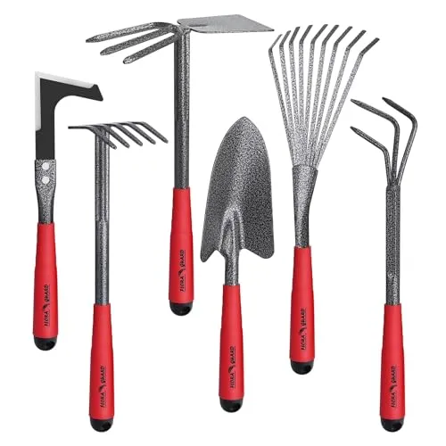 FLORA GUARD 6-teiliges Gartenwerkzeug Set, Gartengeräte Set mit Unkrautstecher, Kelle, Handrechen, Hacke & Kultivator aus Kohlenstoffstahl, Garten Handwerkzeug Set für Pflanzenpflege und Bodenarbeit